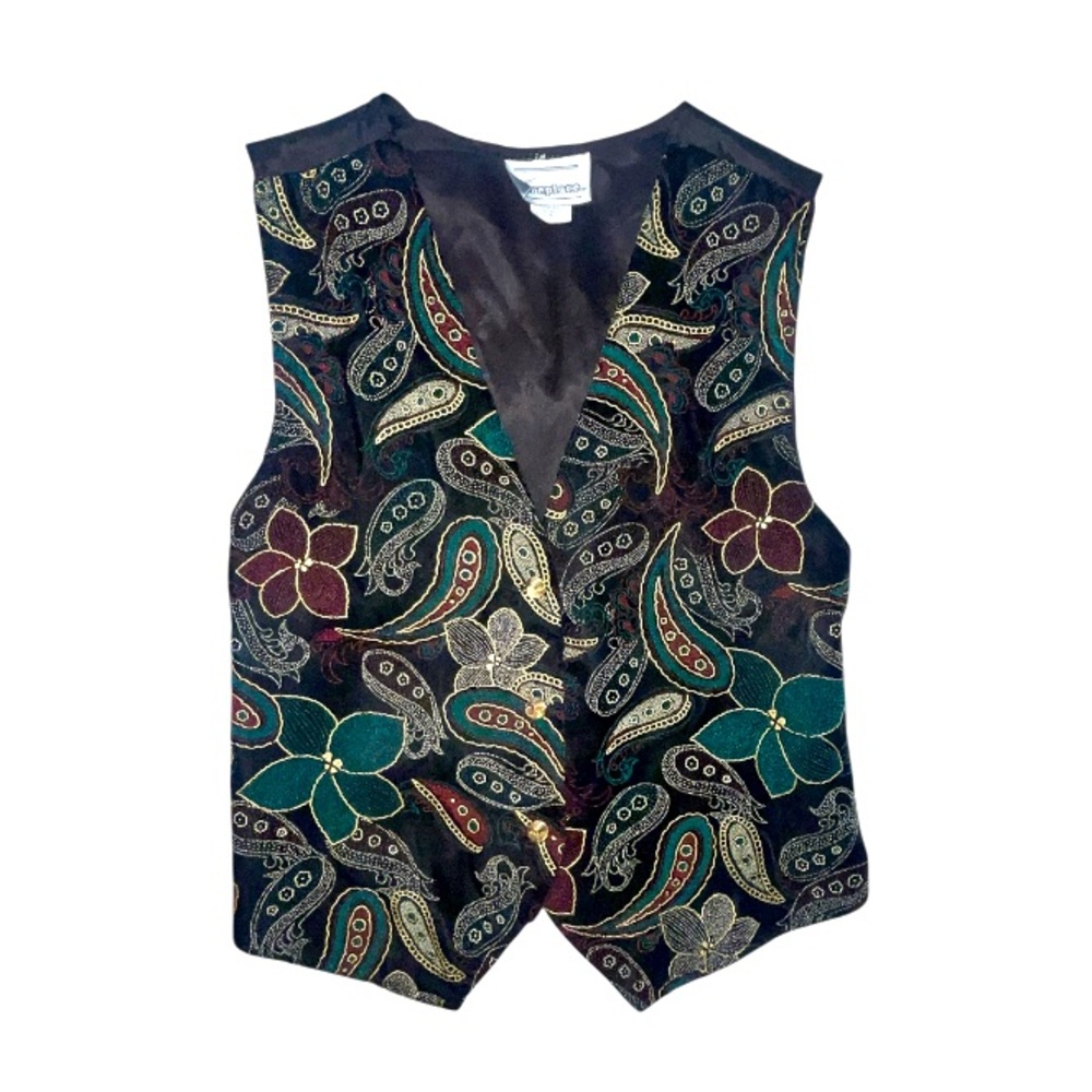 Vintage 90s Fireplace Floral Paisley Vest Tie Back Metallic Detail Size Medium